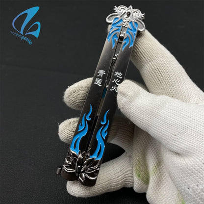 Blue Flower Butterfly Knife Cool Flower Balisong Fan Art For Display Only