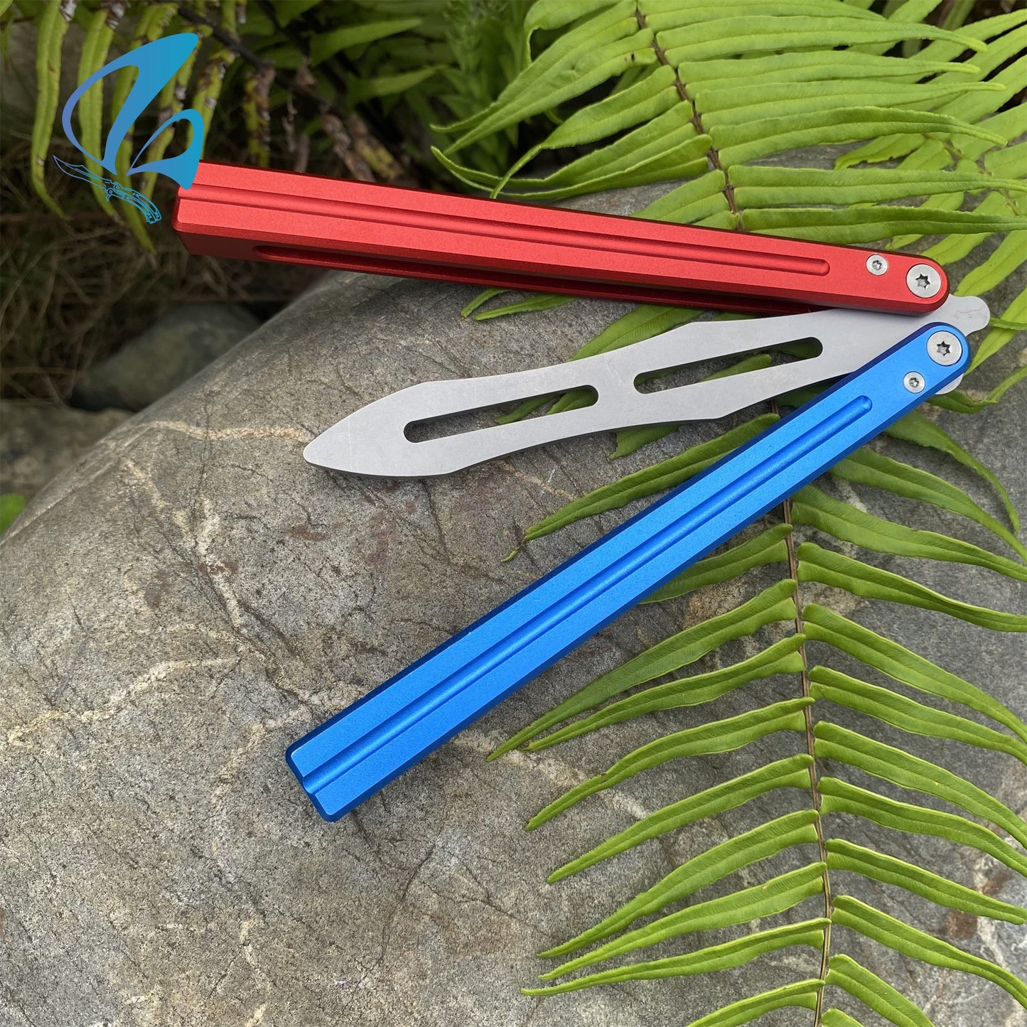 CNC Sword Shape Blade Contrasting Color Aluminium Alloy Handle Balisong Trainer