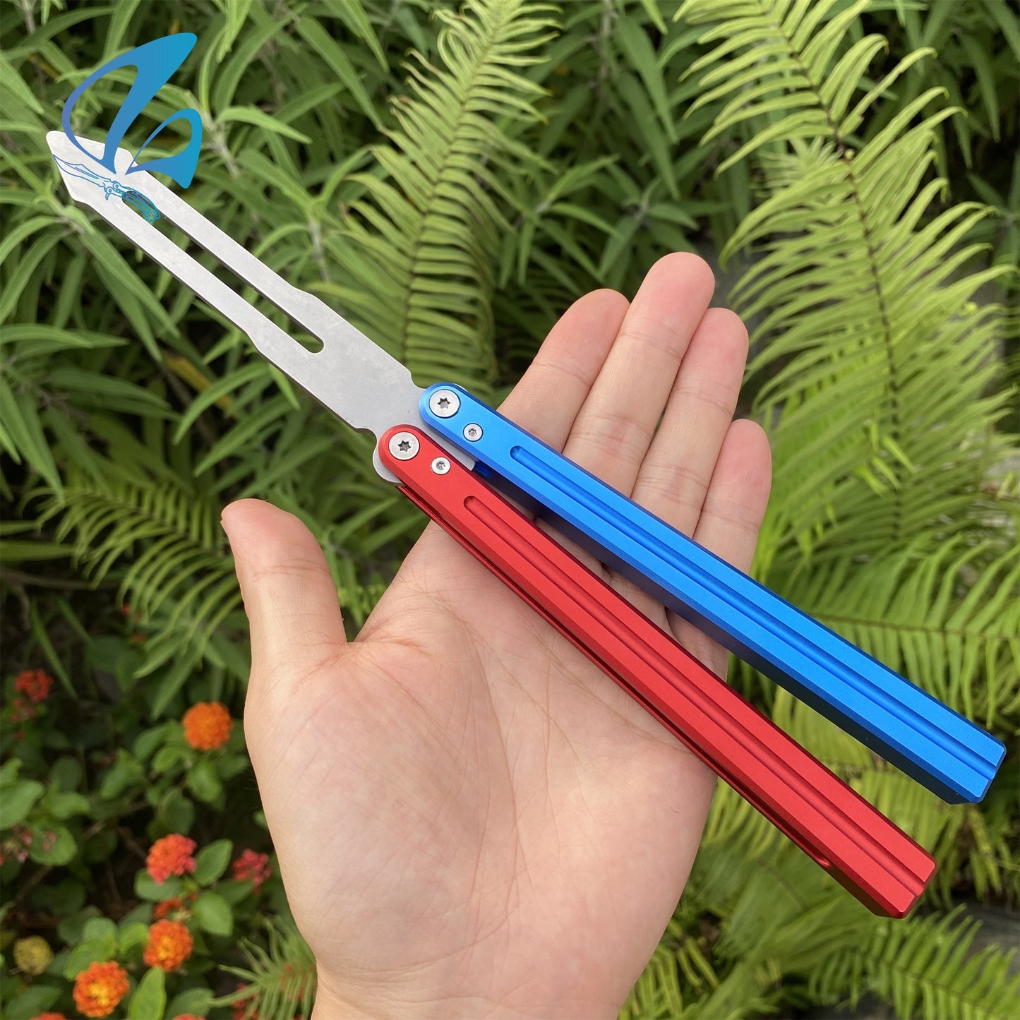 CNC Sword Shape Blade Contrasting Color Aluminium Alloy Handle Balisong Trainer