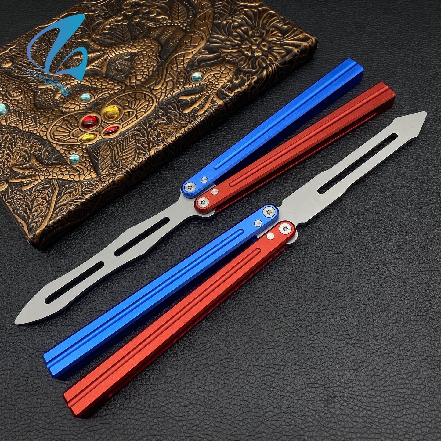 CNC Sword Shape Blade Contrasting Color Aluminium Alloy Handle Balisong Trainer