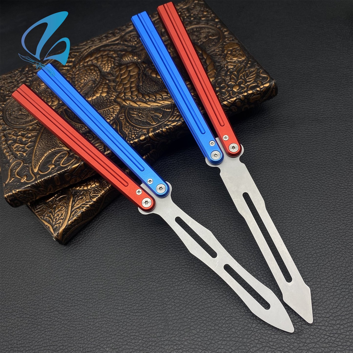 CNC Sword Shape Blade Contrasting Color Aluminium Alloy Handle Balisong Trainer